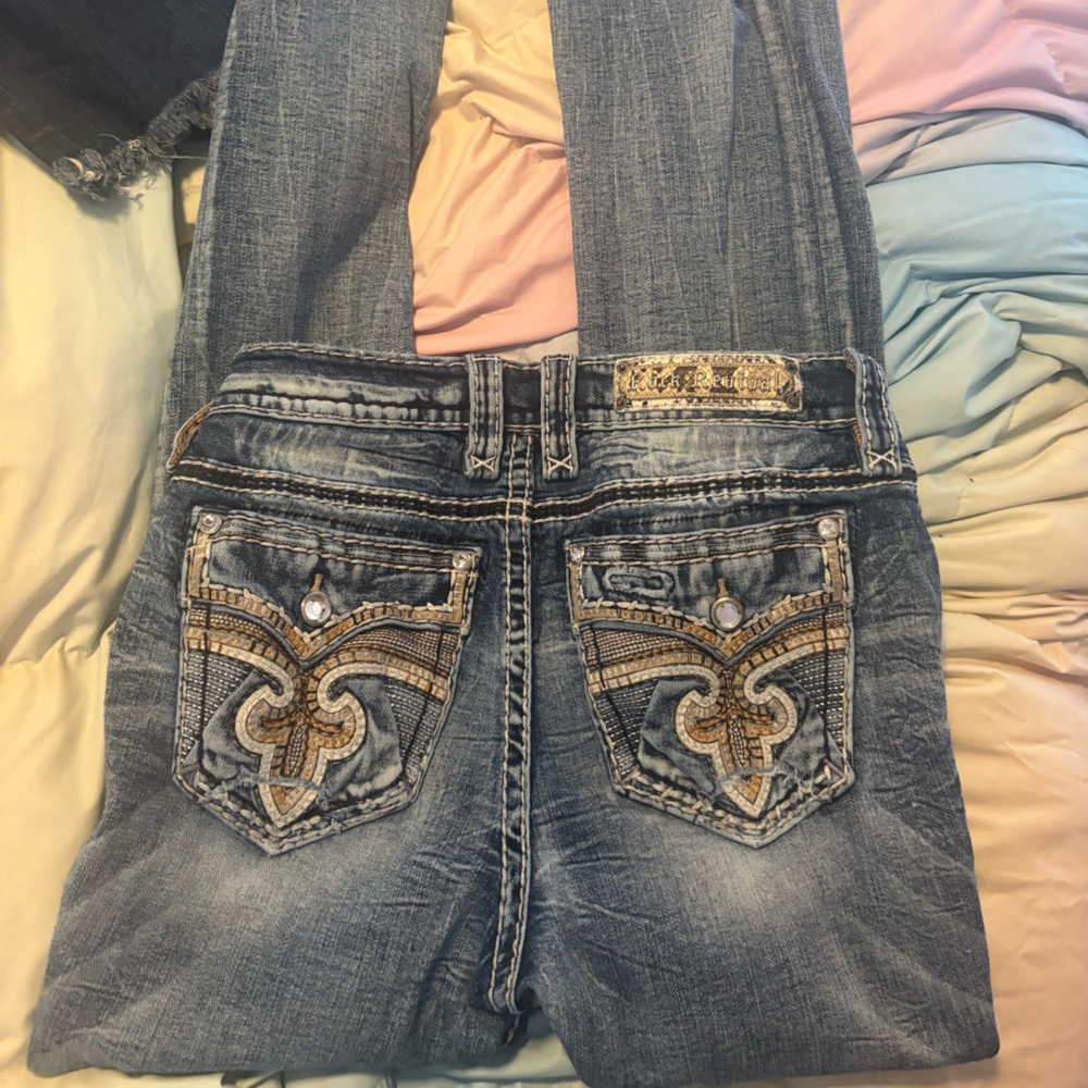 Rock Revival Blue Boot Cut Jeans with Gold Embroidery